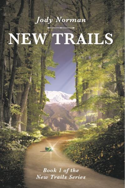 A trail winds through through trees, snow-capped mountains in the distance.  A green gem sits mid-trail.