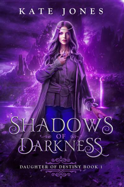 Dark purple fantasy cover showing dark haired girl, hand raised to an amulet around her neck, and  standing in front of a backdrop of mountains and waterfalls. 