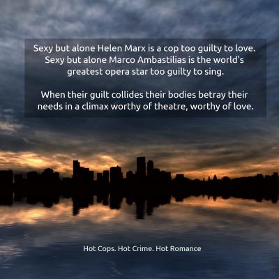 City scape with quote from blurb of Seduction of Guilt