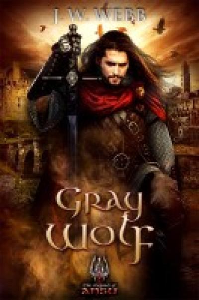 Gray Wolf, long haired warrior with sword, birds circling behind.