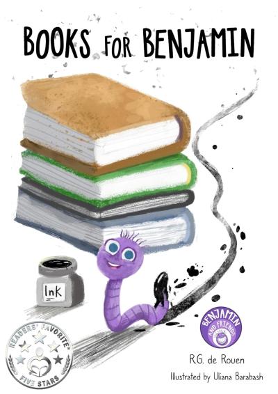 A purple worm is next to a stack of books