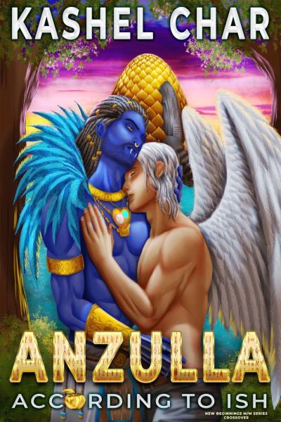 Blue Vampire Male embracing a male angel with white hair and white wings