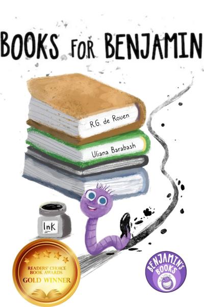 Book cover for "Books for Benjamin" features a smiling purple worm, ink pot, three stacked books, and award seals, conveying a playful tone.