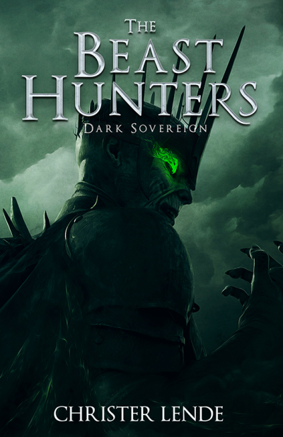 Title: The Beast Hunters Dark Sovereign. A dark regal undead-like figure wearing a menacing crown holds his white hand up in front of his face, a green glow emanating from his eyes..
