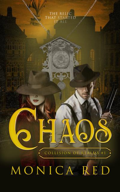 Steampunk city at night time with the main characters. Jess and Tom with the title of the book: Chaos: Collision of Realms by Monica Red