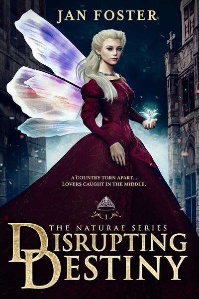 Disrupting Destiny - a woman in a period dress holds a glowing plant against a backdrop of a tudor city