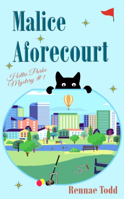 book cover with park image, city skyline, in fishbowl shape, black cat peeking over the top