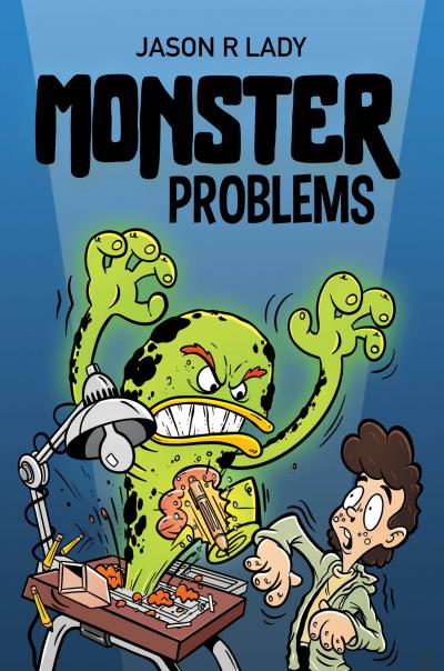 The cover of Monster Problems. Sixth grader Brad is startled and drops his magic golden pen when the monster he just drew rises from the paper, coming to life right before his eyes!