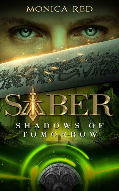 Saber, shadows of tomorrow title crossing a dark forest while a blade cover the face of the protagonist buy his eyes.