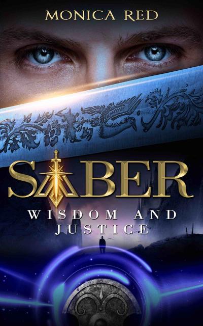 A dark winter night as background with the title Saber, Wisdom and Justice crossing while a blade covers the protagonist face but his eyes