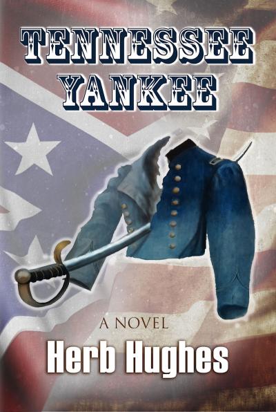 Tennessee Yankee - A sword cuts a civil war uniform in two, with confederate and Union flags in the background. As it is cut, one side turns blue while the other remains gray.
