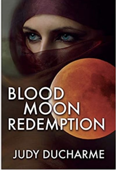 Blood Moon Redemption Girl with bright blue eyes in a hajib and a red moon.