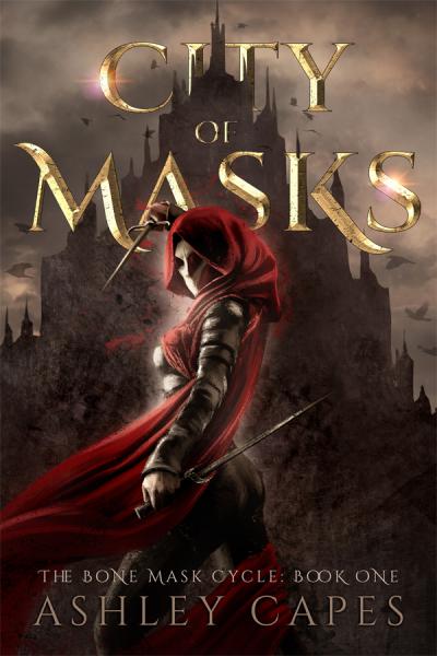 Masked and hooded figure in red, standing before a shadowy city