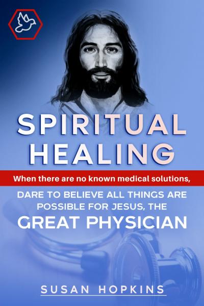 image of 6x9 ebook cover, sky blue, with black and white image of the head of Jesus, horizontal red line for subtitle,  name of the author, Susan Hopkins, and full title 