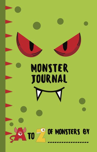 Monster journal drawing book, green with red eyes and green spots monster like design with fangs. Fun and cute for children.