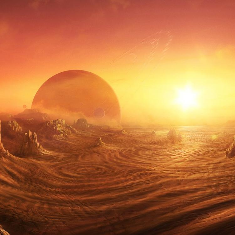 Dawn on the planet Surn, the baking twin suns creep over the horizon.