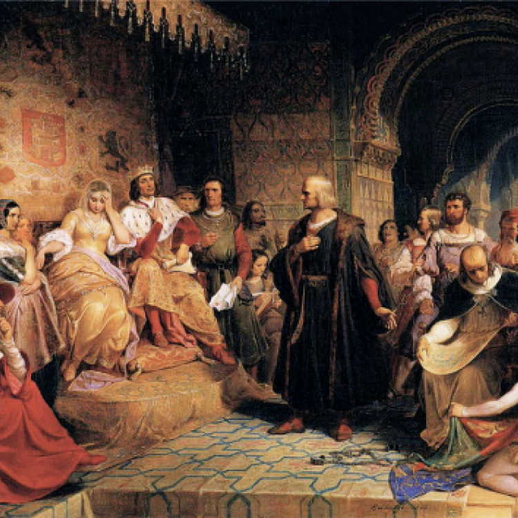 This image depicts Christopher Columbus meeting the Catholic Monarchs in the Alhambra Palace in Granada when he went to ask for funds to set off on his journey to find a new route to the Indies.